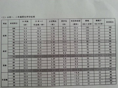 小学体育测试评分标准 小学体育达标评分标准