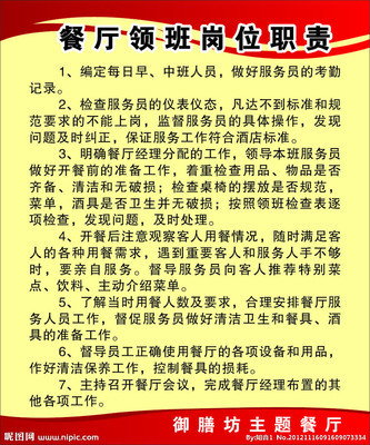 餐饮薪资福利制度 厨房领班工作职责