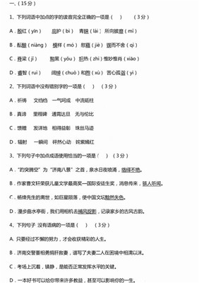 2015年济南市初三年级学业水平考试语文抽样检测题 学业成就自我评价初三