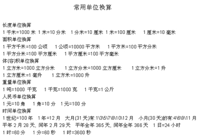 常用单位及其换算 小学常用单位换算表