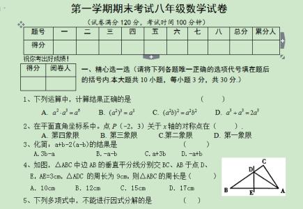 初二数学上册期末试卷 八年级上册数学期末测试卷