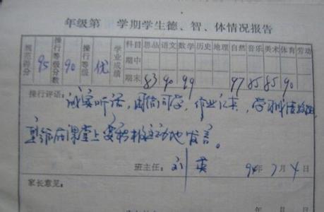 小学生家庭报告书评语 三年级学生报告书评语